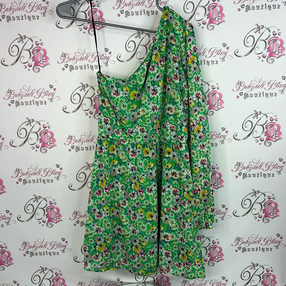 Divided H&M dress one shoulder flowy flowers yellow Green Floral Dress